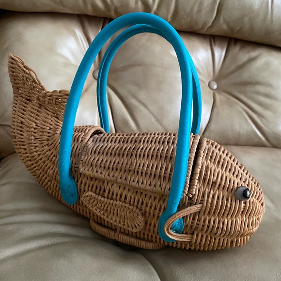 Vintage Wicker Fish Handbag Purse Cappelli Aqua - Picture 5 of 15